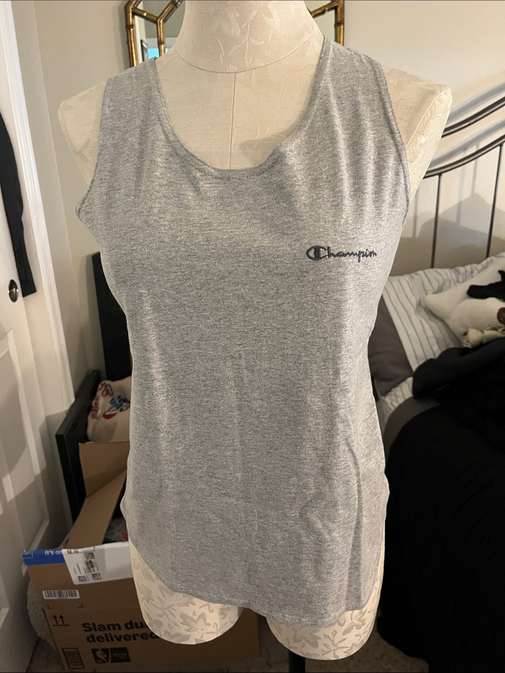 Champion Light Gray Sleeveless Tank Top with Script Logo